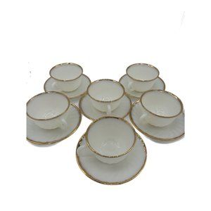VINTAGE FIRE KING WHITE MILK GLASS SWIRL TEA CUPS SAUCERS GOLD TRIM-set of 3